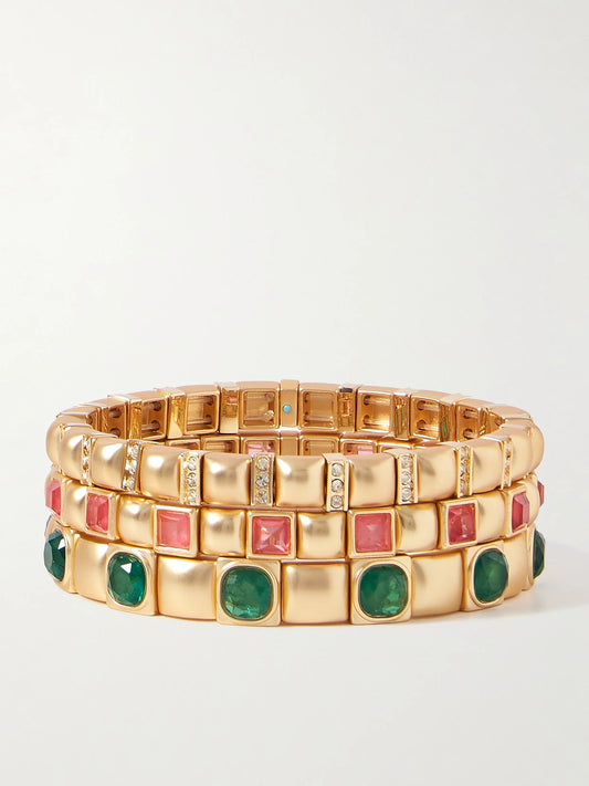 The Jeweled Set Of Three Gold-tone And Cubic Zirconia Bracelets