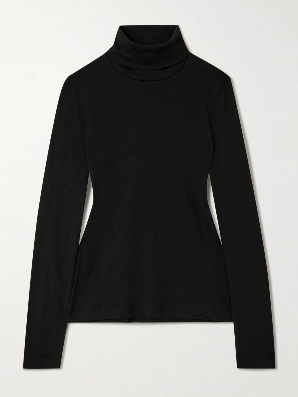 Image of a model wearing Tops. Product name - Dinah Ribbed Organic Cotton-jersey Turtleneck Top in Black colour by brand - FLORE FLORE