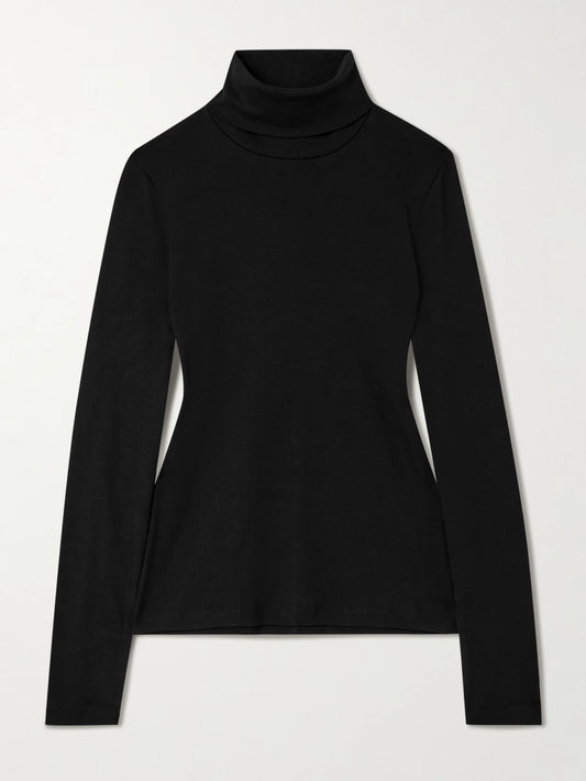Image of a model wearing Tops. Product name - Dinah Ribbed Organic Cotton-jersey Turtleneck Top in Black colour by brand - FLORE FLORE
