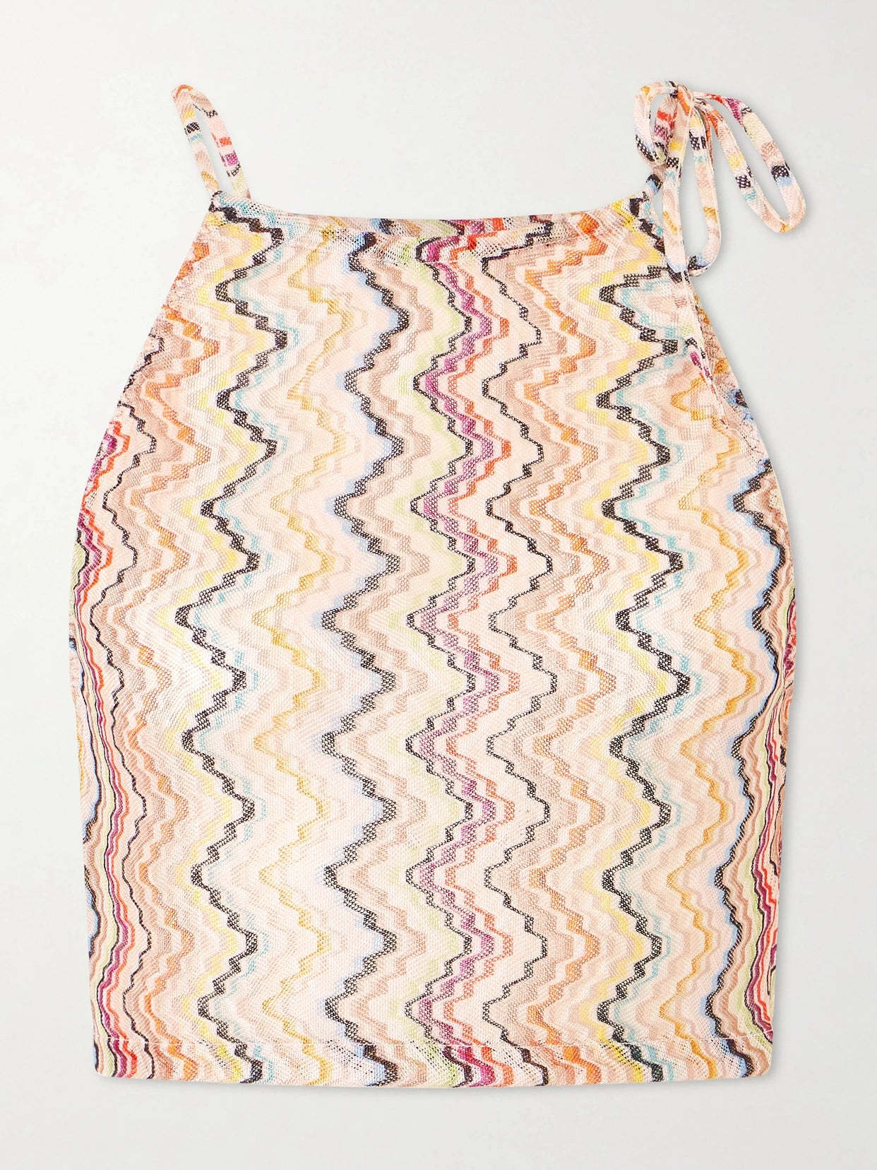 Image of a model wearing Tops. Product name - Cropped Gathered Striped Mesh Halterneck Top in Orange colour by brand - Missoni