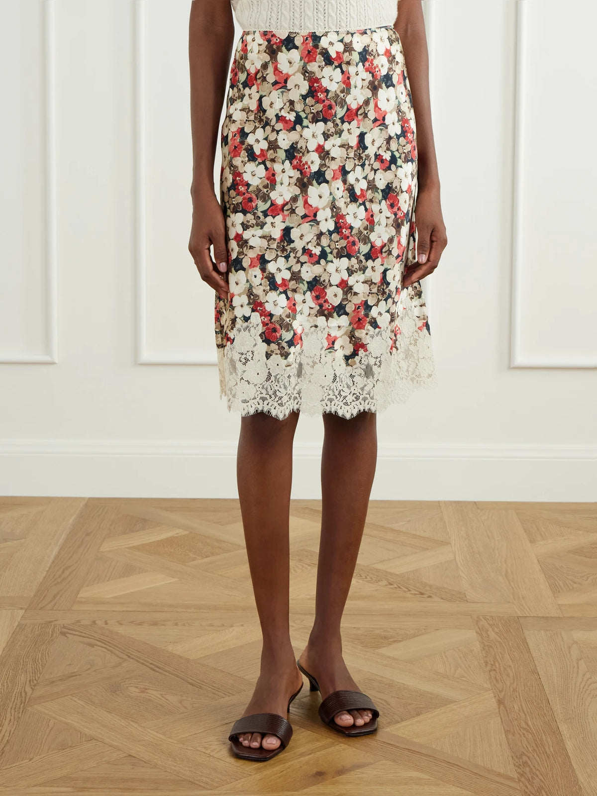 DÔEN Elowette Floral-print Lace-trimmed Silk-satin Midi Skirt