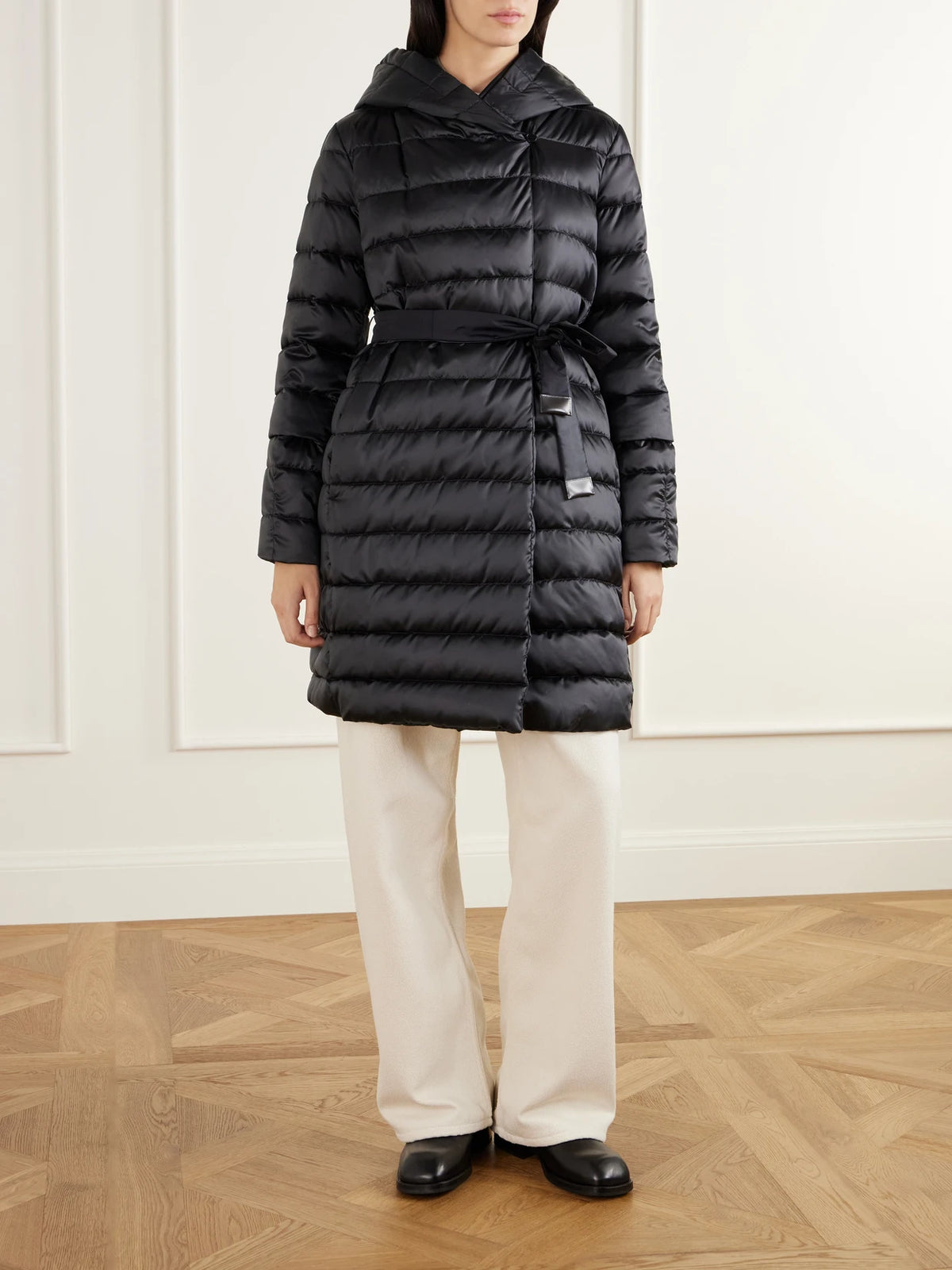 Image of Coats & Jackets. Product name - Novef Reversible Quilted Satin Down Coat in Black colour by brand - Max Mara