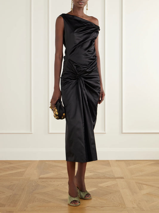 Image of Dresses. Product name - Draped Knot-detail Satin Midi Dress in Black colour by brand - Dries Van Noten