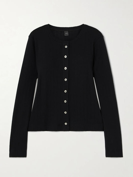 Image of Sleepwear & Loungewear. Product name - Pointelle-knit Cotton Cardigan in Black colour by brand - LESET