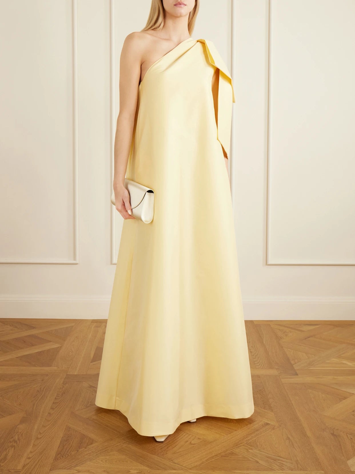 Image of Dresses. Product name - Winnette One-shoulder Crepe Gown in Yellow colour by brand - BERNADETTE