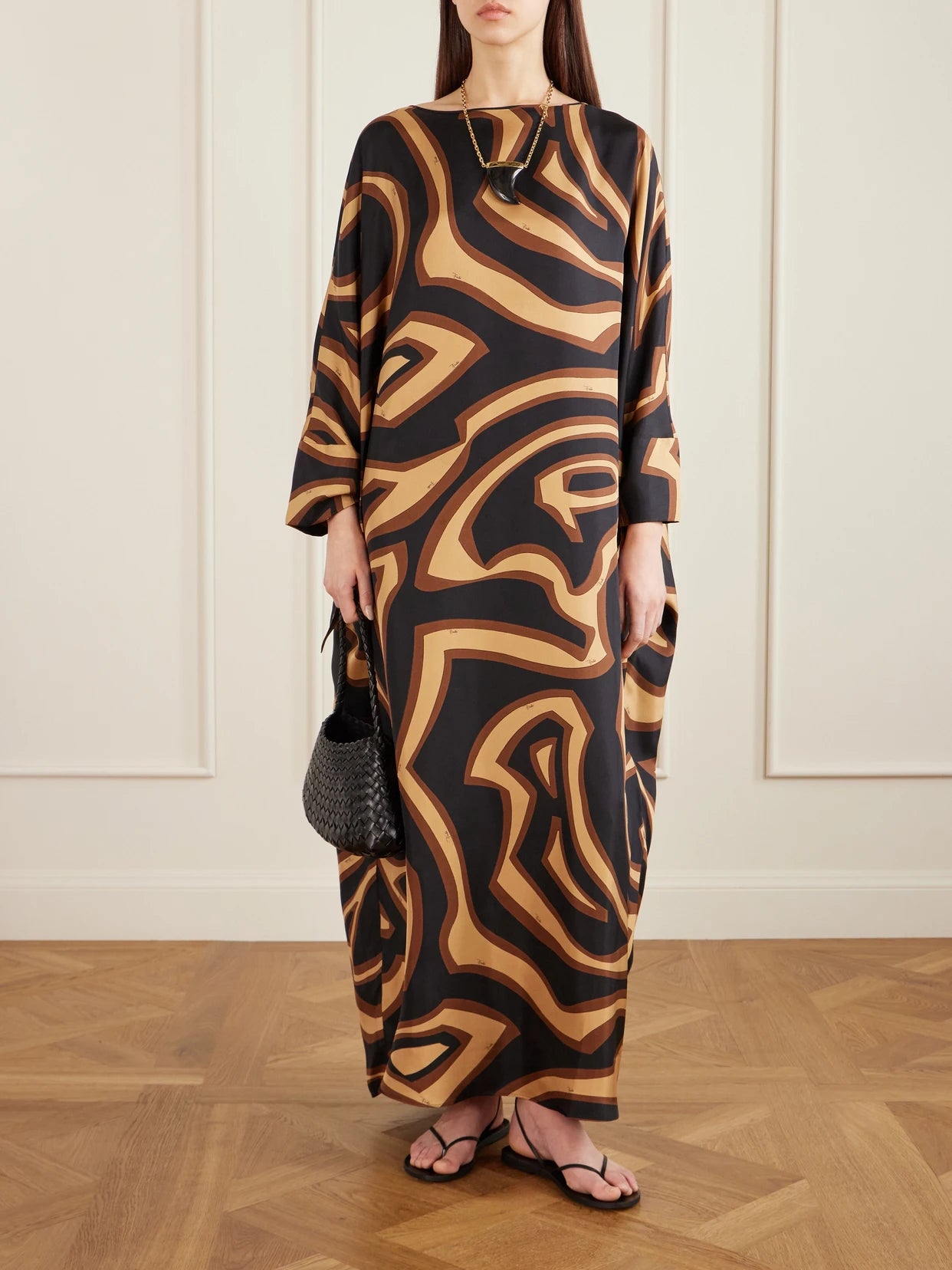 Image of Dresses. Product name - Printed Silk Kaftan in Gold colour by brand - PUCCI