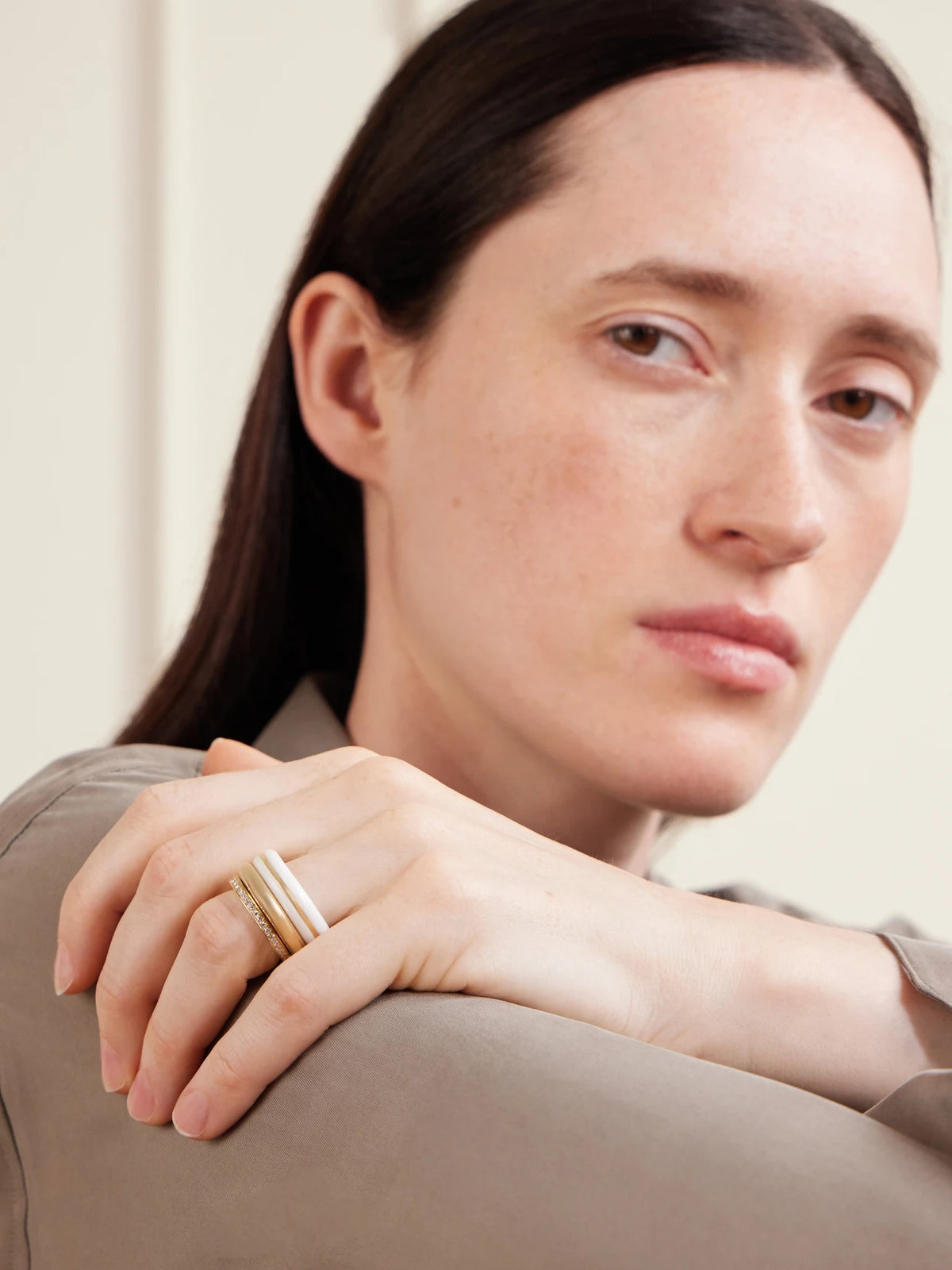Image of Rings. Product name - Set Of A Three 14-karat Recycled Gold, Diamond And Agate Rings in White colour by brand - By Pariah