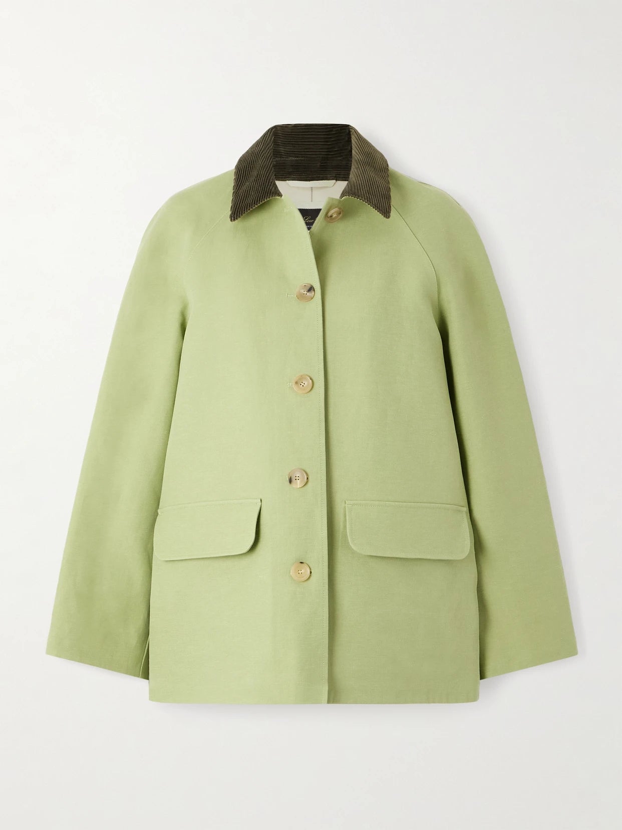 Image of Coats & Jackets. Product name - Broderick Corduroy-trimmed Linen And Silk-blend Coat in Sage green colour by brand - Loro Piana