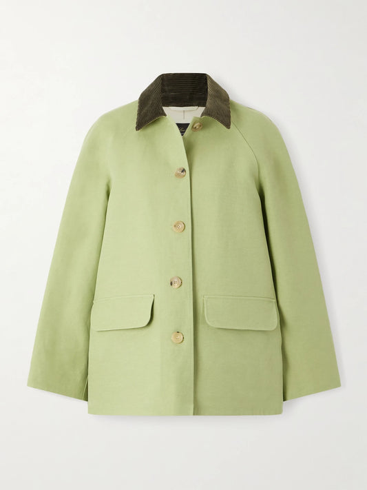 Image of Coats & Jackets. Product name - Broderick Corduroy-trimmed Linen And Silk-blend Coat in Sage green colour by brand - Loro Piana