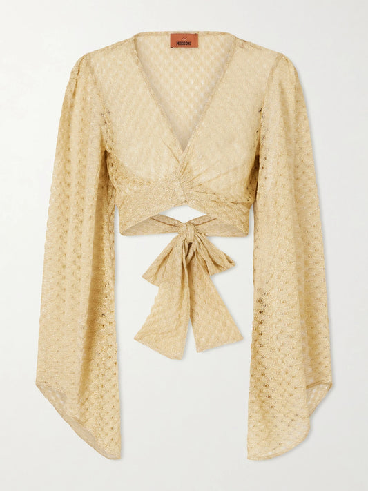 Cropped Metallic Crochet-knitted Wrap Top