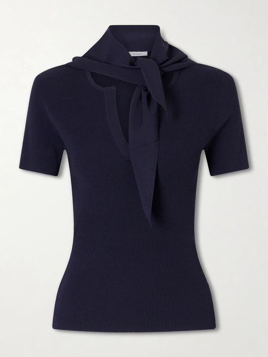 Image of a model wearing Outerwear. Product name - Tie-detailed Ribbed Jersey T-shirt in Navy colour by brand - Max Mara