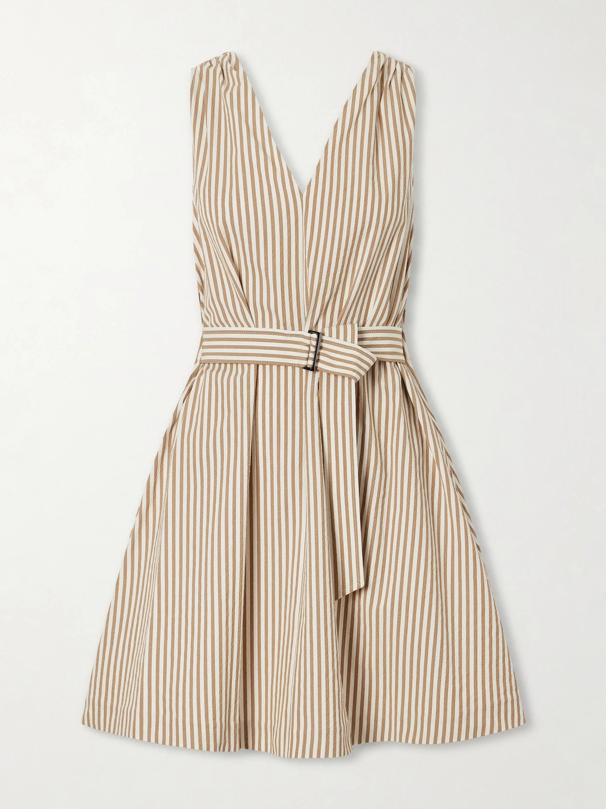 Image of Dresses. Product name - Belted Seersucker Cotton-blend Mini Dress in Beige colour by brand - Brunello Cucinelli