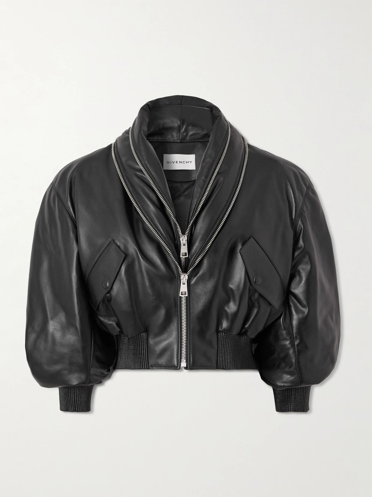 Cropped Layered Leather Bomber Jacket