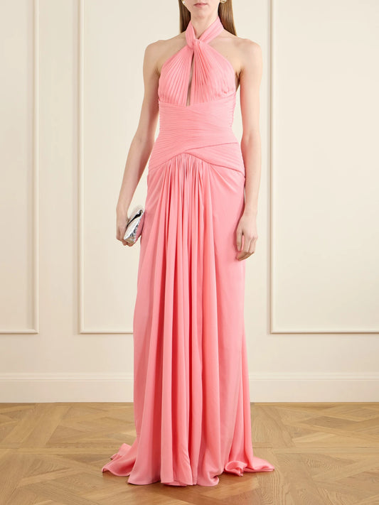 Image of Dresses. Product name - Pleated Silk-georgette Halterneck Gown in Pink colour by brand - Elie Saab