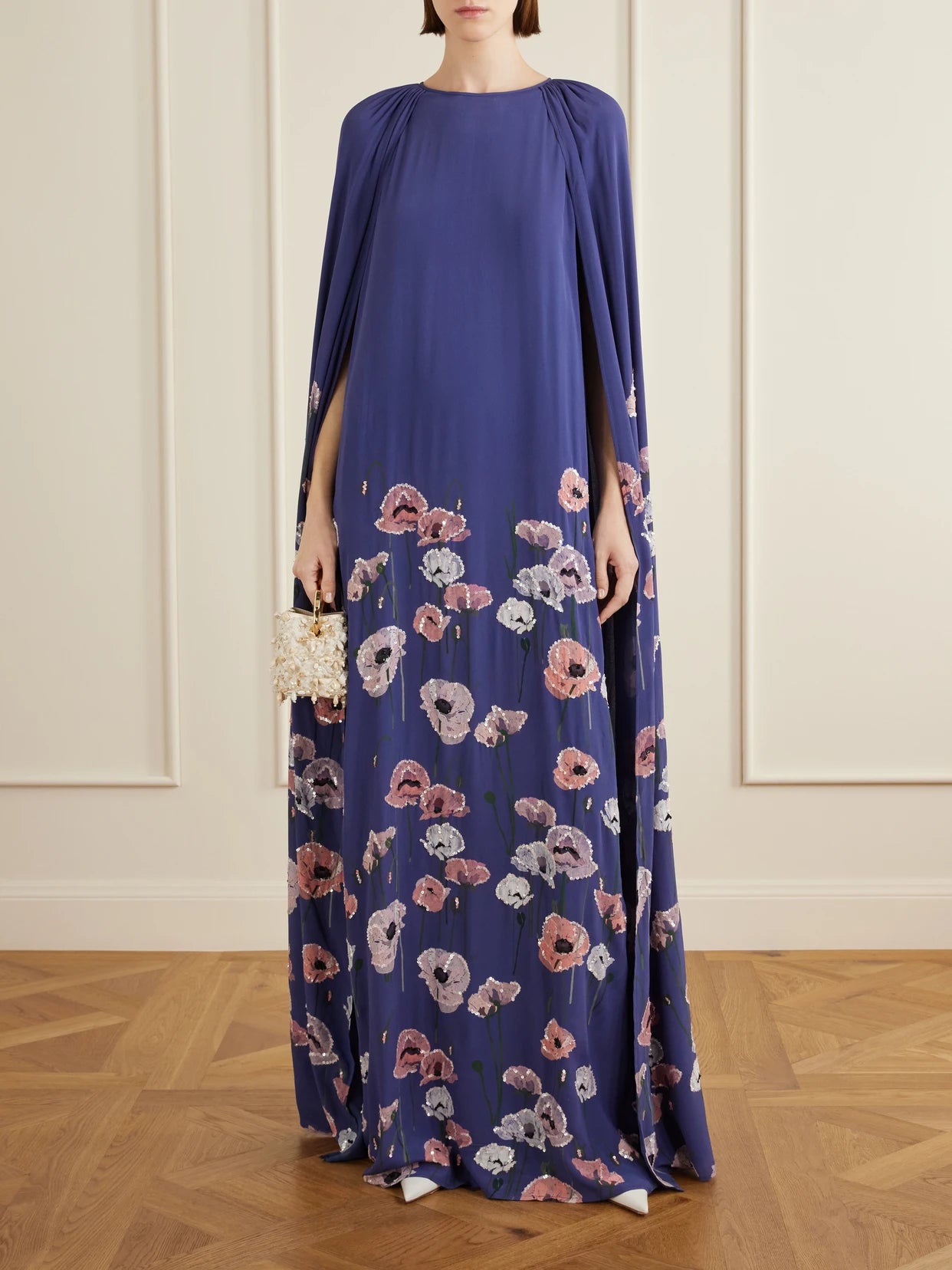 Image of Dresses. Product name - Minnie Cape-effect Sequin-embellished Embroidered Crepe Gown in Purple colour by brand - BERNADETTE