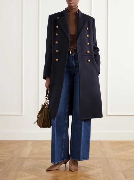Image of Coats & Jackets. Product name - Double-breasted Felted Wool-blend Coat in Navy colour by brand - Etro