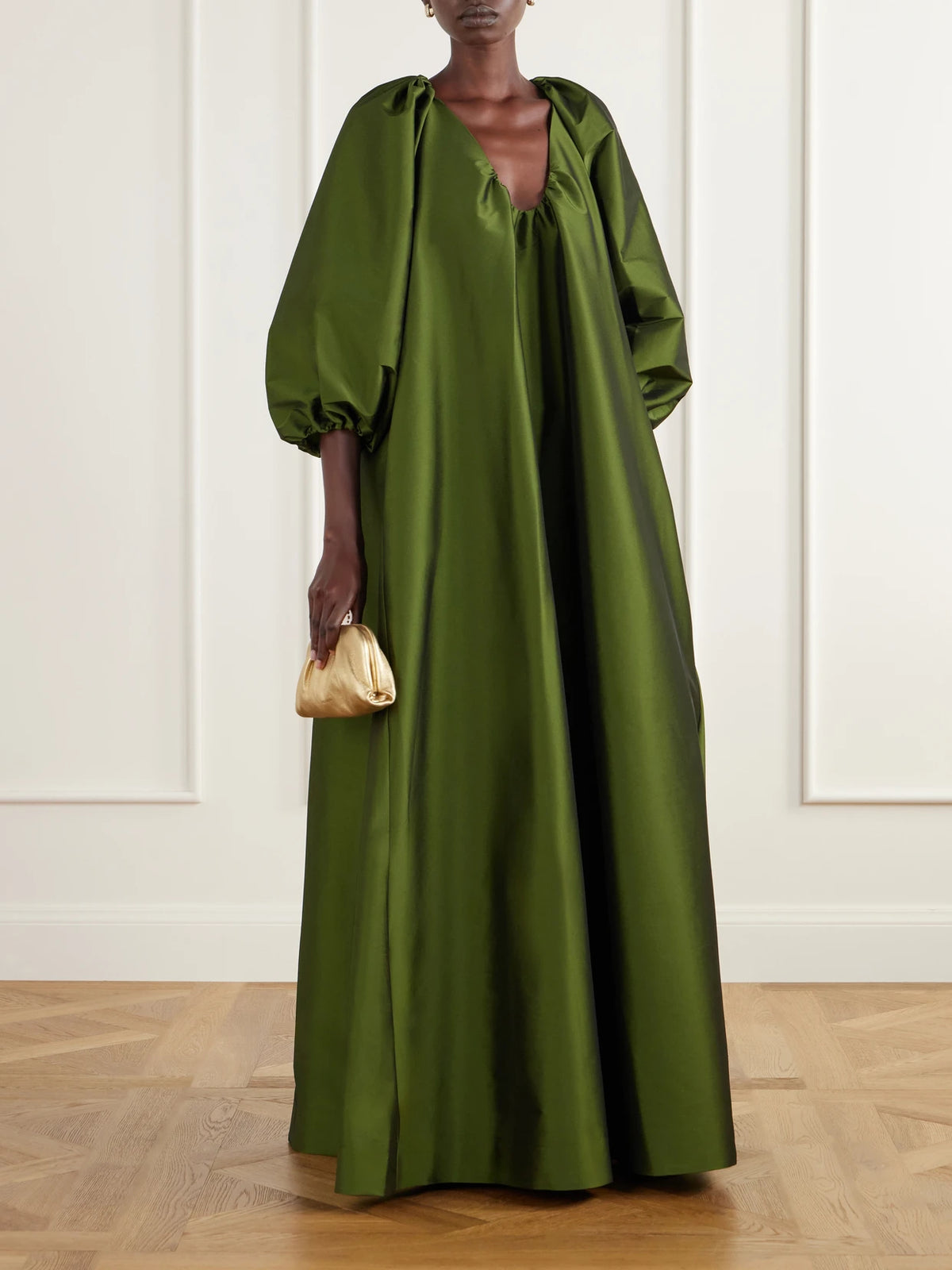Image of Dresses. Product name - George Gathered Taffeta Gown in Green colour by brand - BERNADETTE