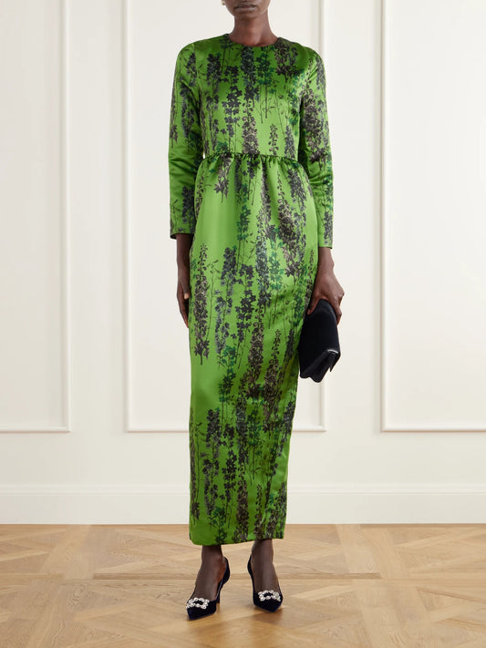 Image of Dresses. Product name - Lenny Gathered Floral-print Satin Midi Dress in Green colour by brand - BERNADETTE
