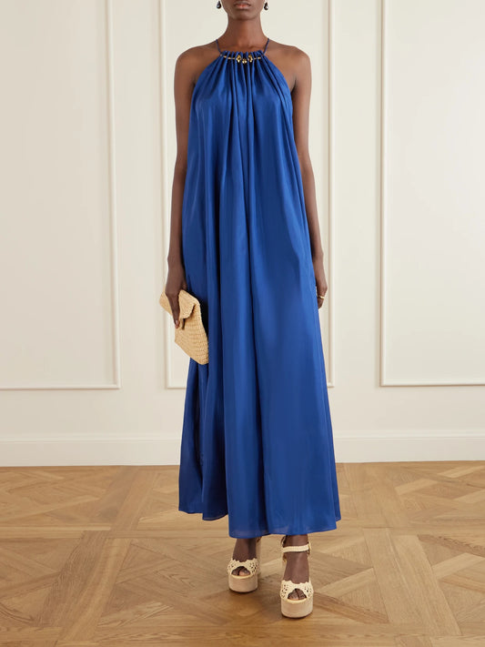 Image of Dresses. Product name - Aster Gathered Beaded Silk-satin Maxi Dress in Blue colour by brand - Zimmermann