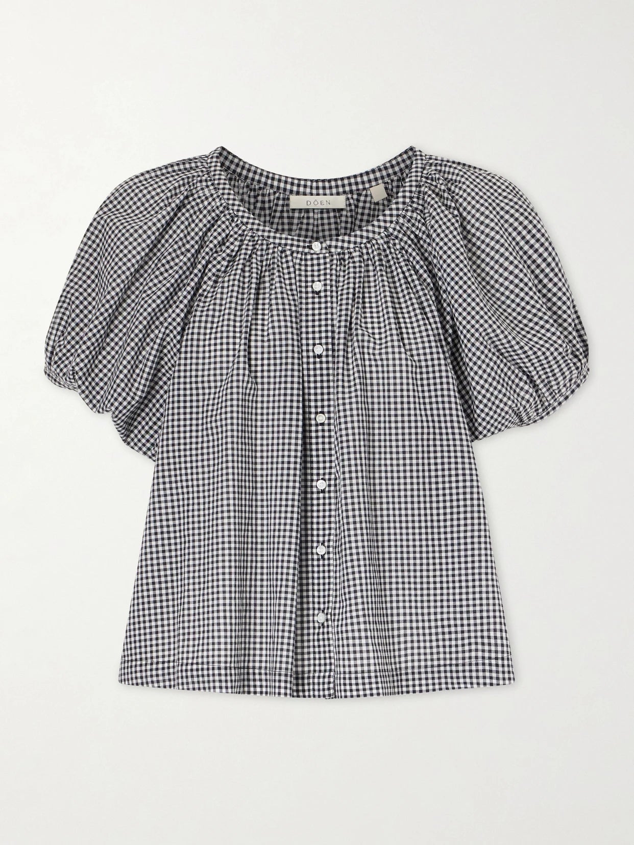 Image of a model wearing Tops. Product name - June Gathered Checked Cotton Blouse in Black colour by brand - DÔEN