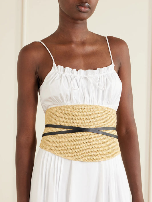 Image of Belts. Product name - Undone Leather-trimmed Raffia Belt in Natural colour by brand - Déhanche