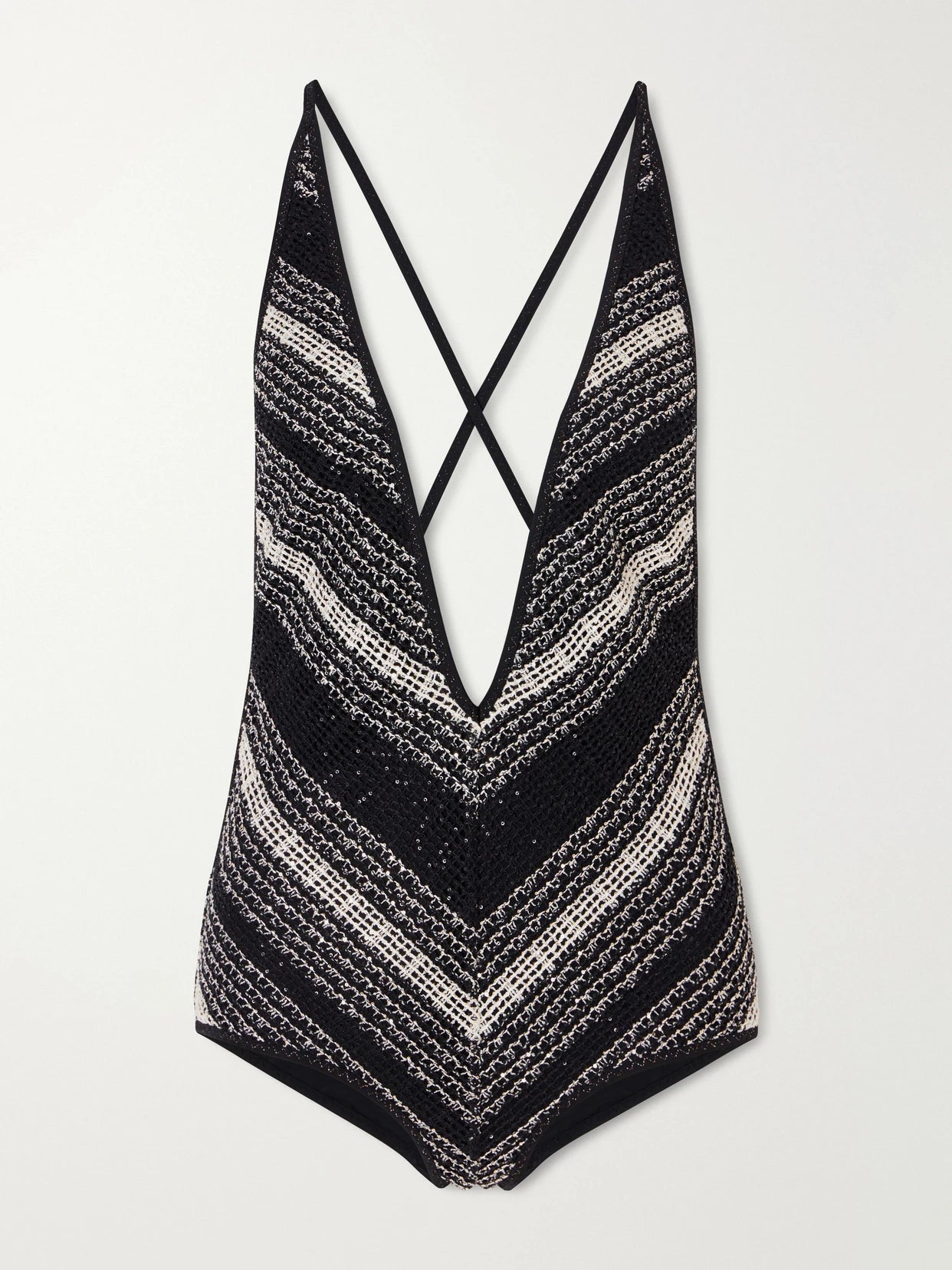 Image of Swimwear. Product name - Striped Metallic Crochet-knit One-piece in Black colour by brand - Missoni