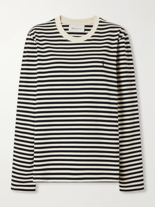 AMI PARIS Logo-embroidered Striped Cotton-jersey T-shirt