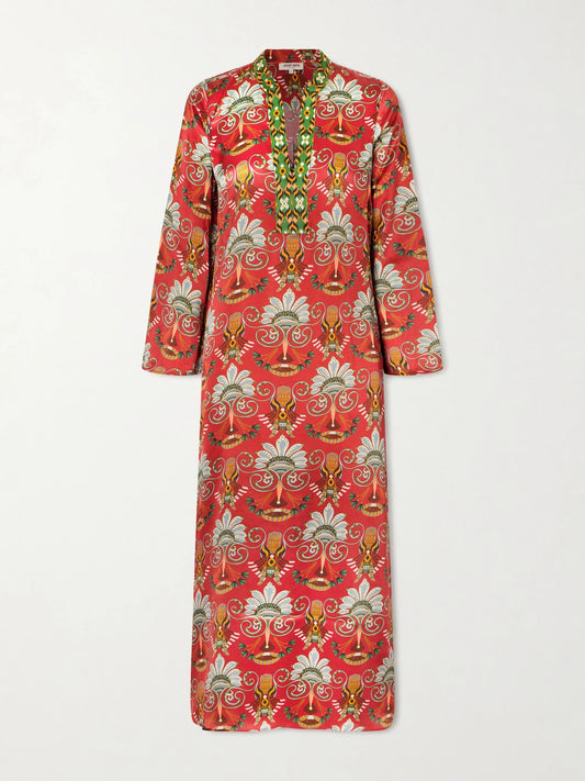 Image of Dresses. Product name - Jenna Printed Silk Midi Dress in Red colour by brand - Emporio Sirenuse