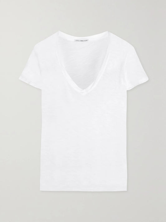 Image of a model wearing Tops. Product name - Casual Slub Cotton T-shirt in White colour by brand - James Perse