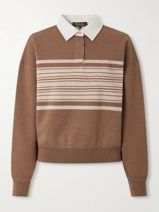Image of a model wearing Outerwear. Product name - Striped Wool And Cashmere-blend Polo Shirt in Brown colour by brand - Loro Piana