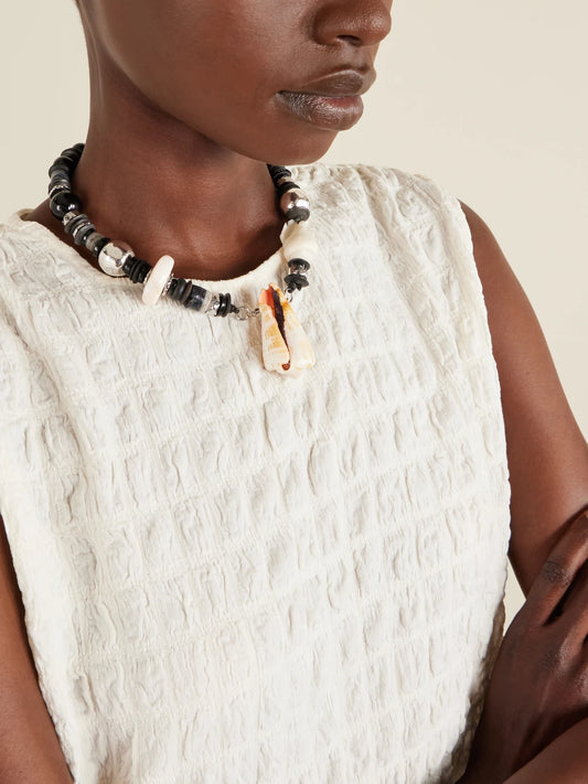 Image of Necklaces. Product name - Samsara Silver, Onyx And Seashell Necklace in Black colour by brand - Tohum