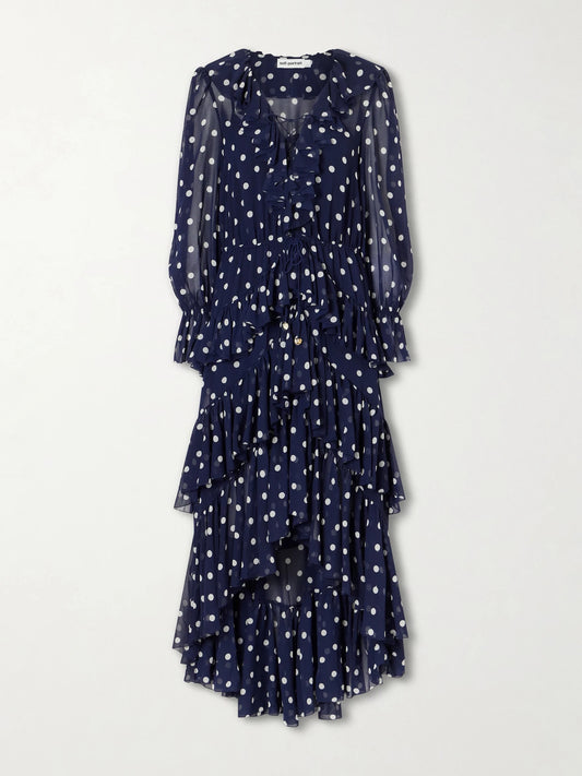 Image of Dresses. Product name - Ruffled Tiered Polka-dot Georgette Midi Dress in Navy colour by brand - Self-Portrait