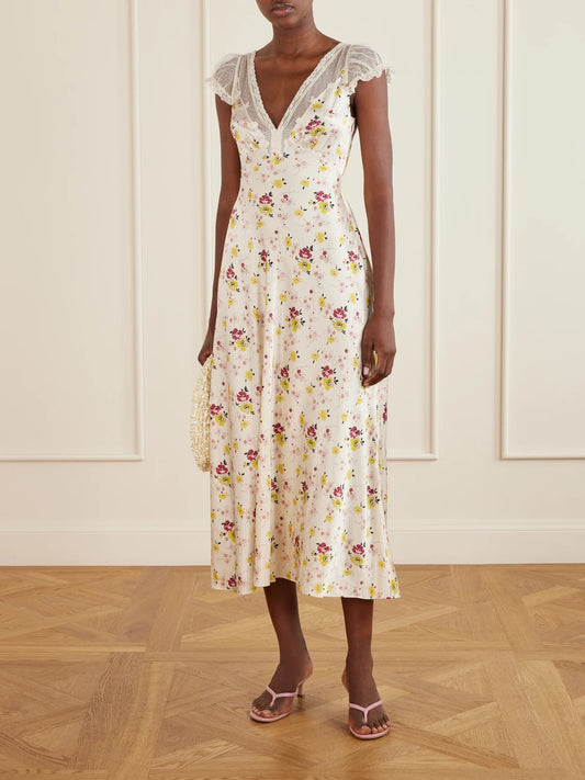 Image of Dresses. Product name - Corelia Floral-print Belted Lace-trimmed Midi Dress in Ivory colour by brand - DÔEN