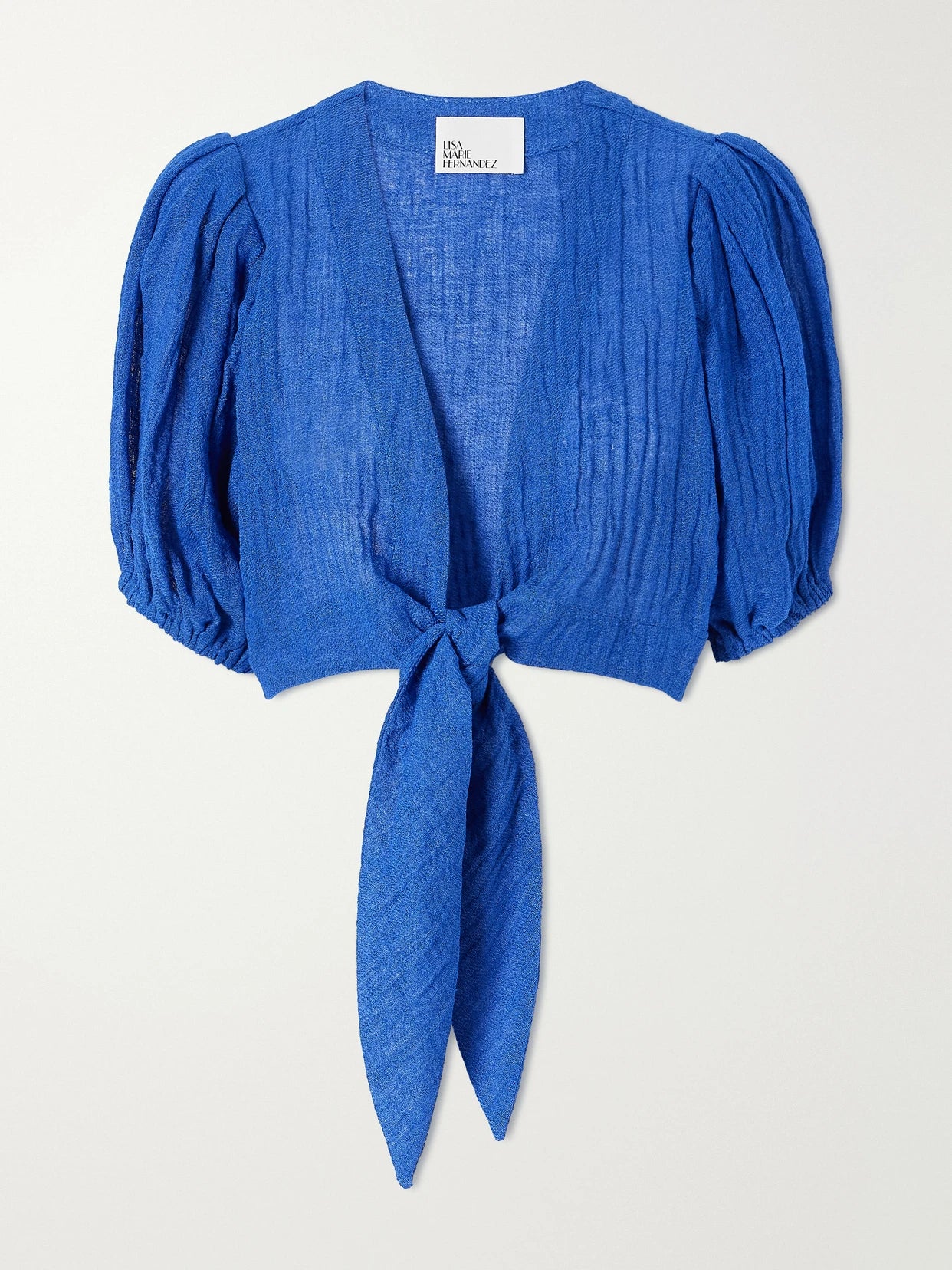 Image of Blouses. Product name - Pouf Tie-detailed Linen-blend Blouse in Blue colour by brand - Lisa Marie Fernandez