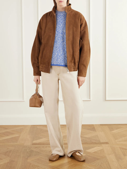 Image of a model wearing Outerwear. Product name - Marled Cashmere Sweater in Blue colour by brand - Calle Del Mar