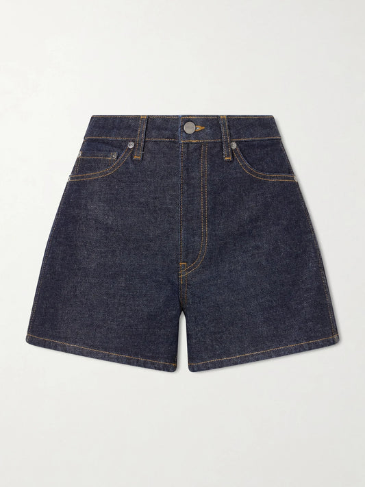 Image of a model wearing Shorts. Product name - Danya Straight-leg Denim Shorts in Dark denim colour by brand - KHAITE