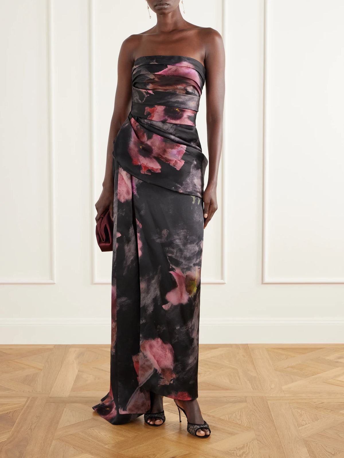 Image of Dresses. Product name - Strapless Pleated Floral-print Silk-blend Organza Gown in Multi colour by brand - Elie Saab