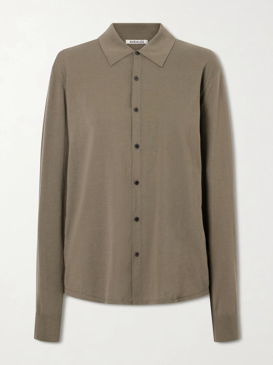 Image of a model wearing Tops. Product name - Giza Fine Knit Cotton Shirt in Army green colour by brand - Auralee