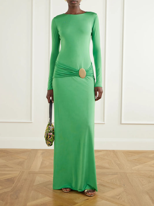 Image of Dresses. Product name - Embellished Gathered Stretch-jersey Maxi Dress in Green colour by brand - Cala de la Cruz