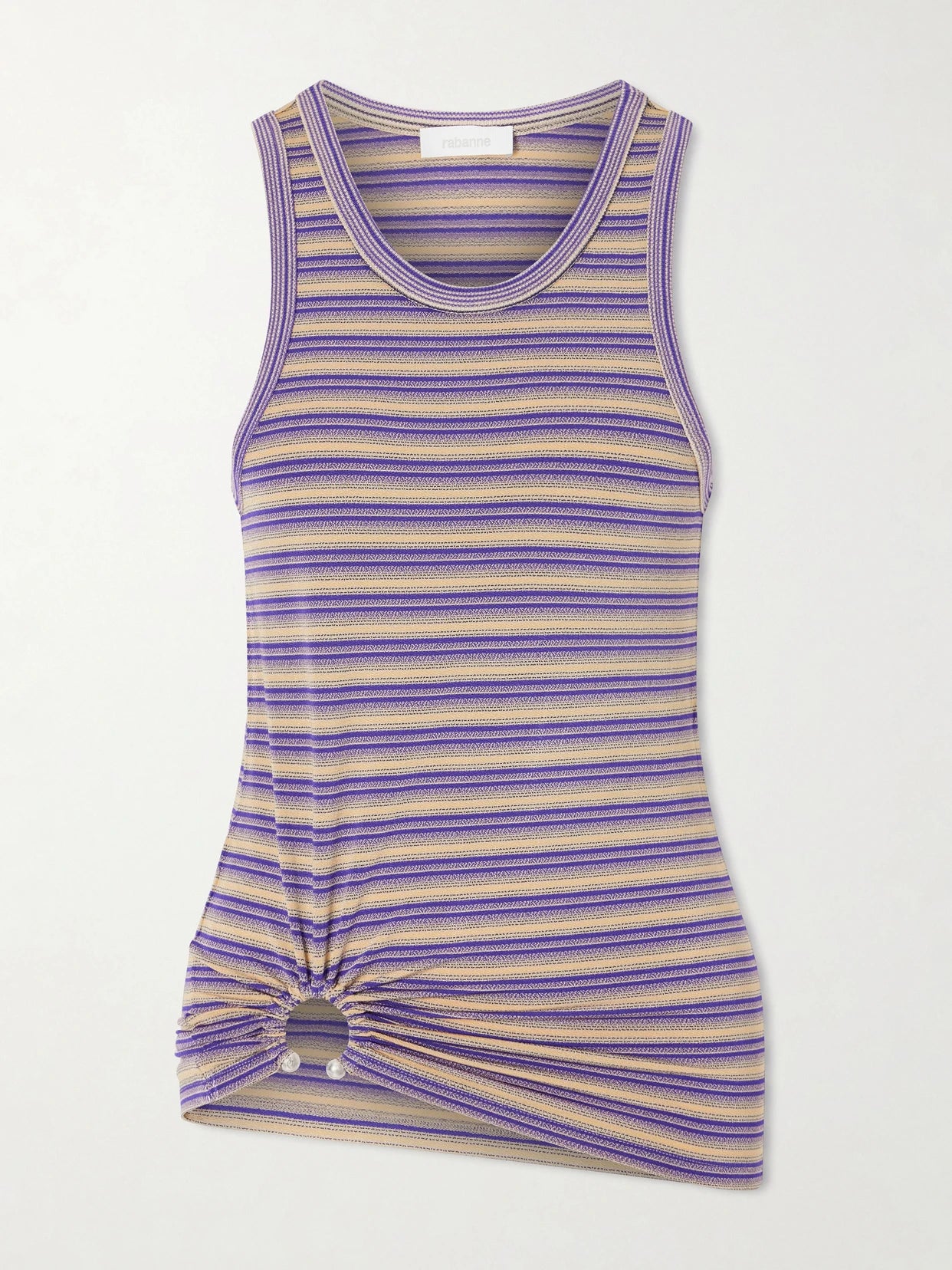 Image of a model wearing Tops. Product name - Gathered Striped Jersey Tank in Purple colour by brand - RABANNE