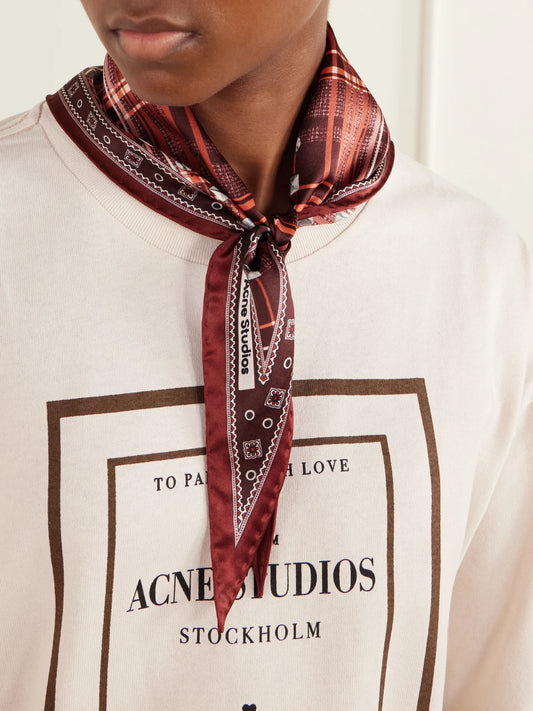 Image of Scarves & Shawls. Product name - Checked Silk-satin Scarf in Burgundy colour by brand - Acne Studios