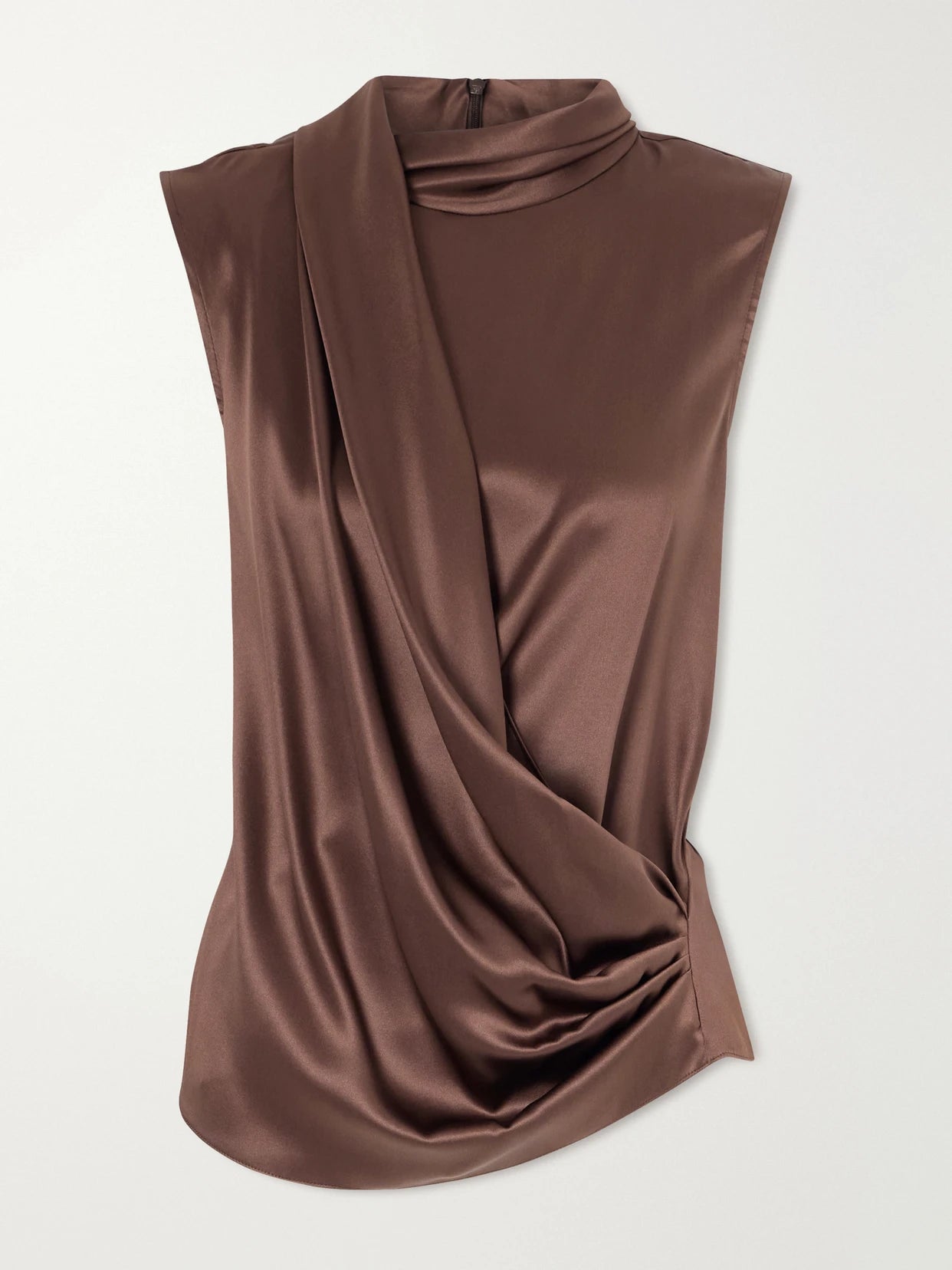 Wrap-effect Sleeveless Draped Silk-blend Satin Blouse