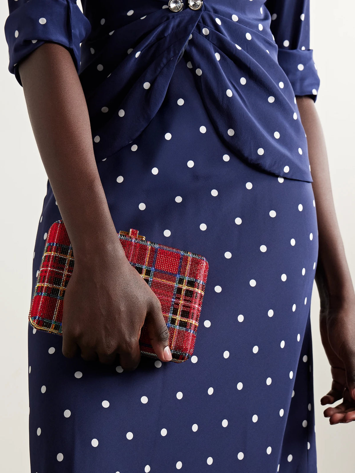Image of Bags. Product name - Tartan Crystal-embellished Gold-tone Clutch in Red colour by brand - Judith Leiber Couture