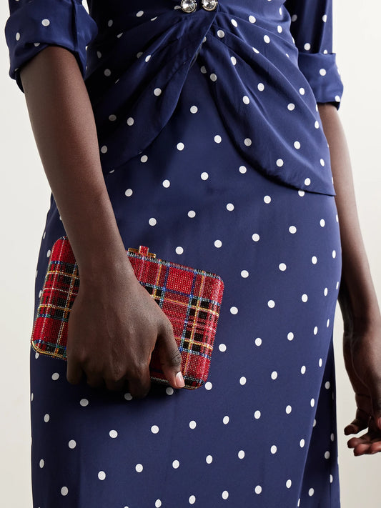 Image of Bags. Product name - Tartan Crystal-embellished Gold-tone Clutch in Red colour by brand - Judith Leiber Couture
