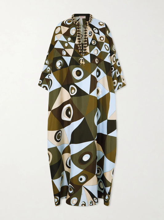 Embellished Printed Silk-twill Kaftan