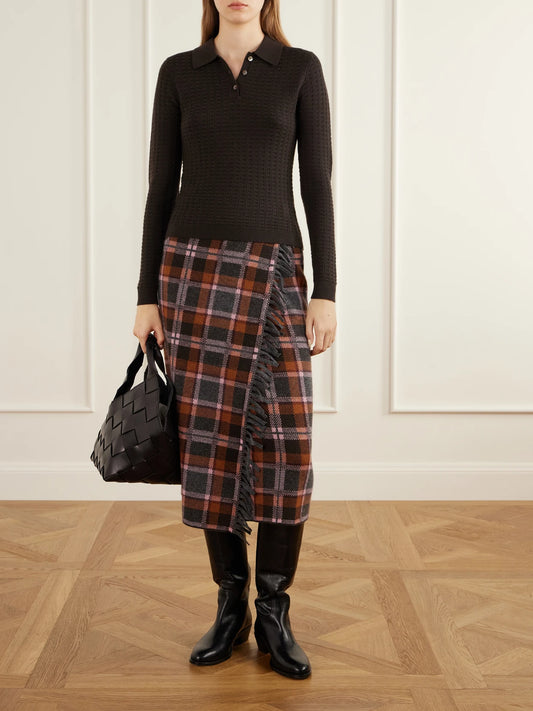 Image of a model wearing Outerwear. Product name - Shrunken Waffle Cashmere Polo Sweater in Brown colour by brand - Guest In Residence