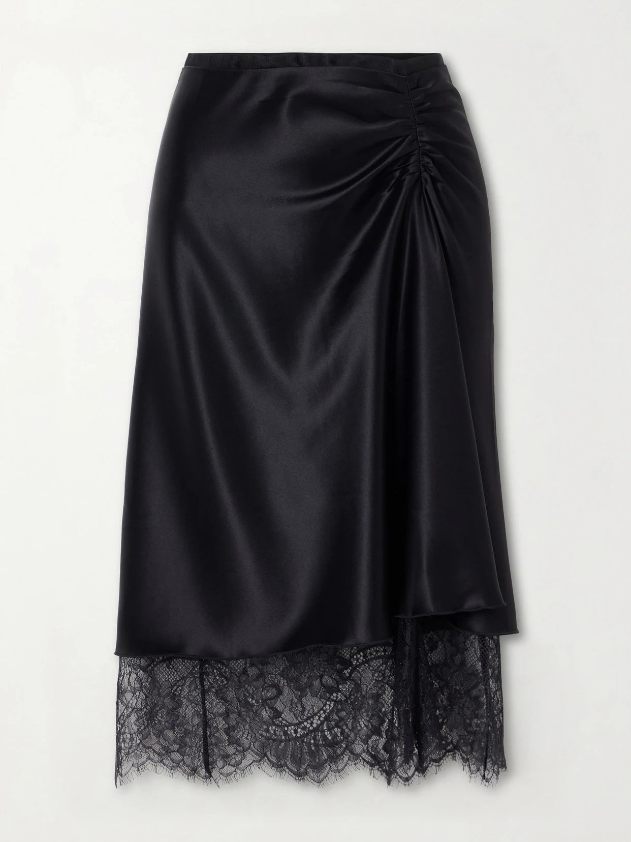 Ingrid Lace-trimmed Ruched Satin Midi Skirt