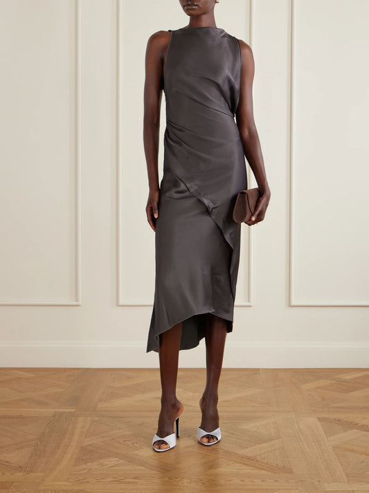 Image of Dresses. Product name - Draped Satin Midi Dress in Taupe colour by brand - Victoria Beckham