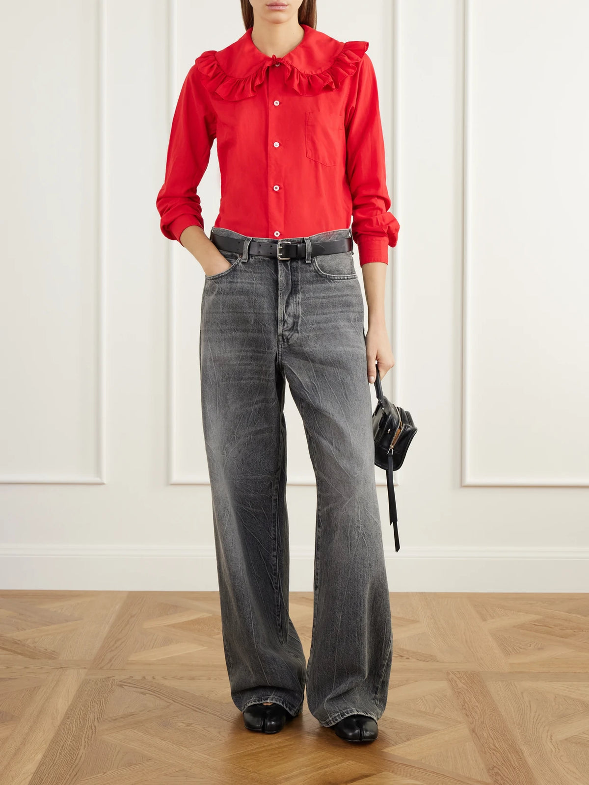 Image of a model wearing Tops. Product name - Ruffled Poplin Shirt in Red colour by brand - Comme des Garçons GIRL