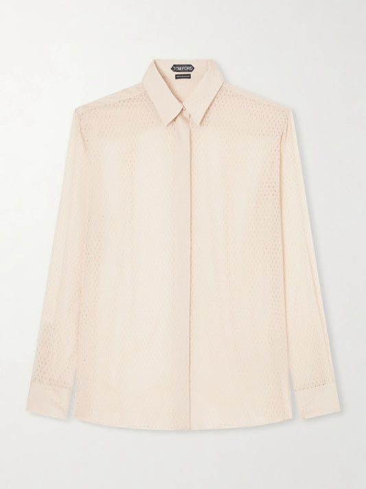Image of a model wearing Tops. Product name - Oversized Silk-chiffon Shirt in Baby pink colour by brand - TOM FORD